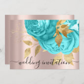 ブライダル結婚ズ王室のブルーアクア金ゴールドバラ 招待状 (正面/裏面)