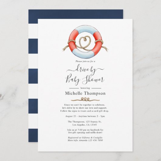 ブライダル航海のまたはベビーシャワーでドライブ 招待状 (正面/裏面)