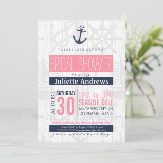 ブライダル航海の招待状、ピンクとネイビーブルー 招待状 (スタンド正面)