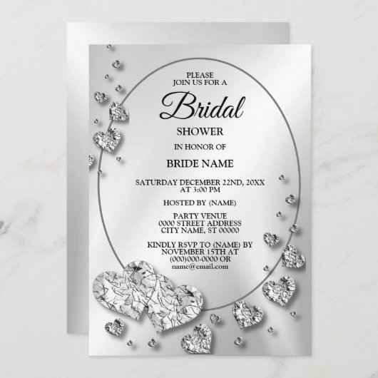 ブライダル表示パーティーシルバーグレーシャイニーハート エレガント 招待状 (正面/裏面)