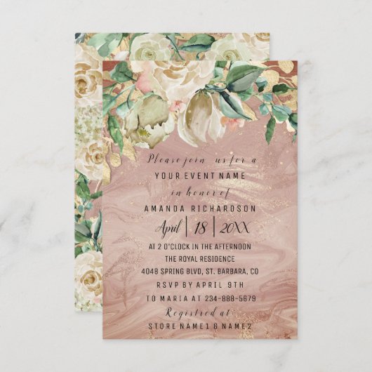 ブライダル誕生日フラワー金ゴールドミントバラ大理石フレーム 招待状 (正面/裏面)