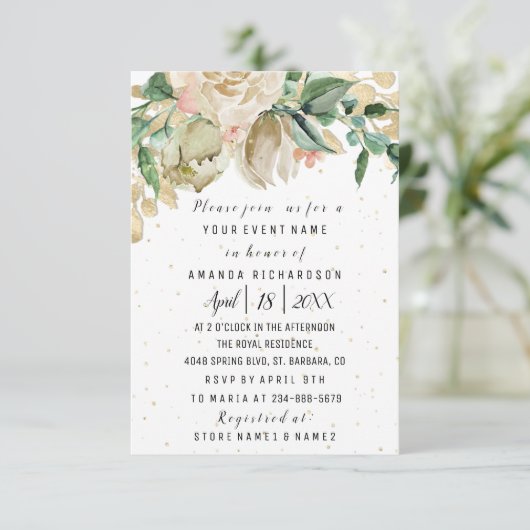 ブライダル誕生日花金ゴールドミントホワイトウォーター色 招待状 (スタンド正面)