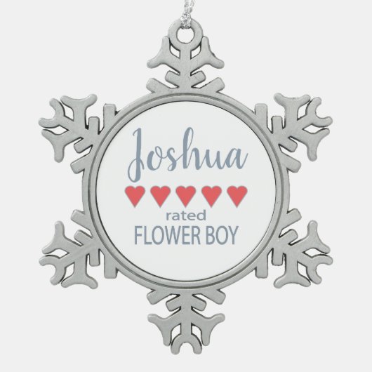 ブライダル＆ウェディングパーティー５ハートフラワーボーイ スノーフレークピューターオーナメント (正面)