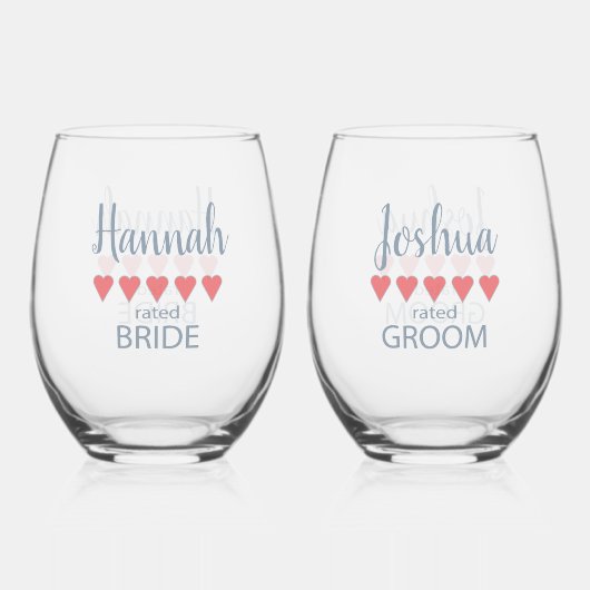 ブライダル&ウェディングパーティー5ハート新郎新婦 ステムなしワイングラス (正面)