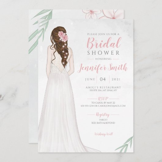 ブライダル・シャワーのドレスを着たブルネット花嫁の招待 招待状 (正面/裏面)