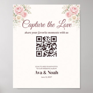 ブライダルQRコードサイン（フラワーモチーフ・ピンク） 結婚式 写真共有 ポスター