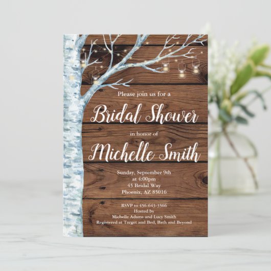 ブライダ素朴ルシャワー招待、樺の木ツリーウッド 招待状 (スタンド正面)