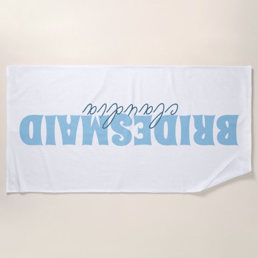 ブライデスメイドガーリー名前をカスタムするホワイトアンドブルー ビーチタオル (正面)