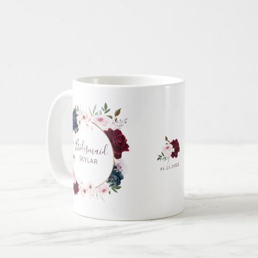 ブライデスメイドブルゴーニュ&ネイビーバラ水彩画リース コーヒーマグカップ (正面左)