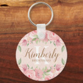 ブライデスメイド金ゴールド赤面ピンクフローラモノグラム キーホルダー (正面)