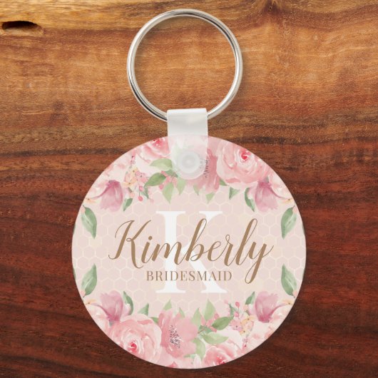 ブライデスメイド金ゴールド赤面ピンクフローラモノグラム キーホルダー (正面)