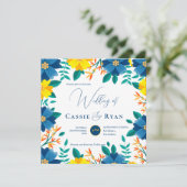 ブライトかわいらしブルーイエローフローラロマン結婚ティック 招待状 (スタンド正面)