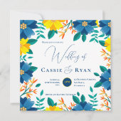 ブライトかわいらしブルーイエローフローラロマン結婚ティック 招待状 (正面)