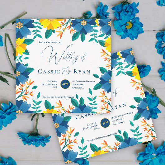 ブライトかわいらしブルーイエローフローラロマン結婚ティック 招待状
