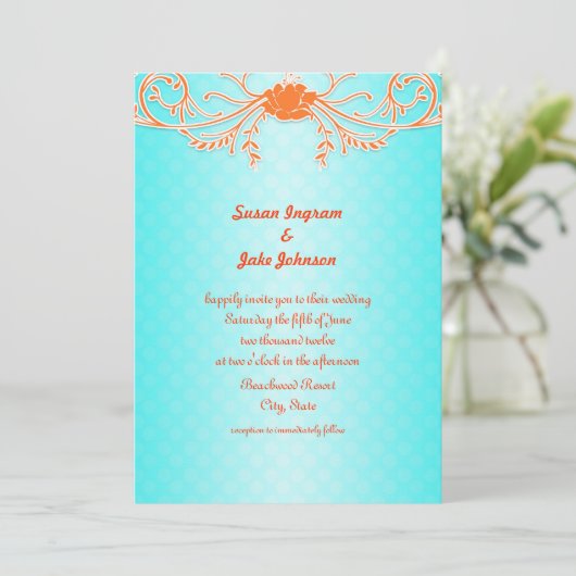 ブライトとおもしろいアクアとタンジェリンの結婚式の招待 招待状 (スタンド正面)