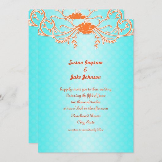 ブライトとおもしろいアクアとタンジェリンの結婚式の招待 招待状 (正面/裏面)