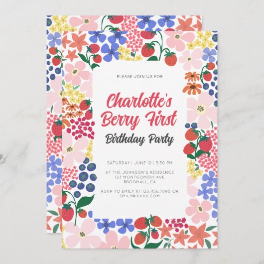 ブライトはっきりしたとストロベリーファースト誕生日パーティー 招待状 (正面/裏面)