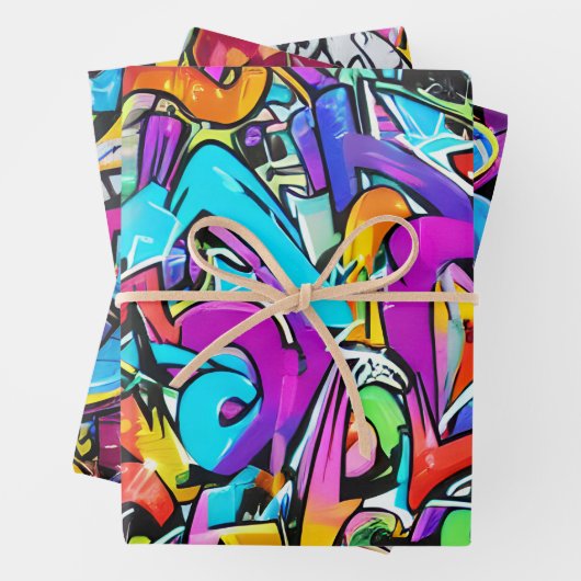 ブライトはっきりしたカラーズグラフィティ通りアートパターン ラッピングペーパーシート (インサイチュ)