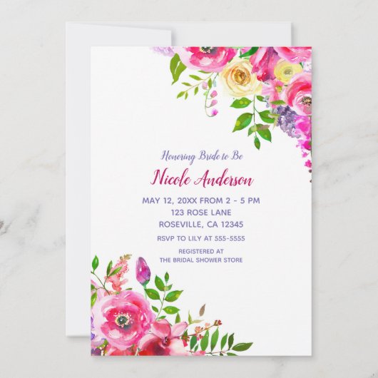ブライトはっきりしたフローラピンク春ブライダルシャワー 招待状 (裏面)