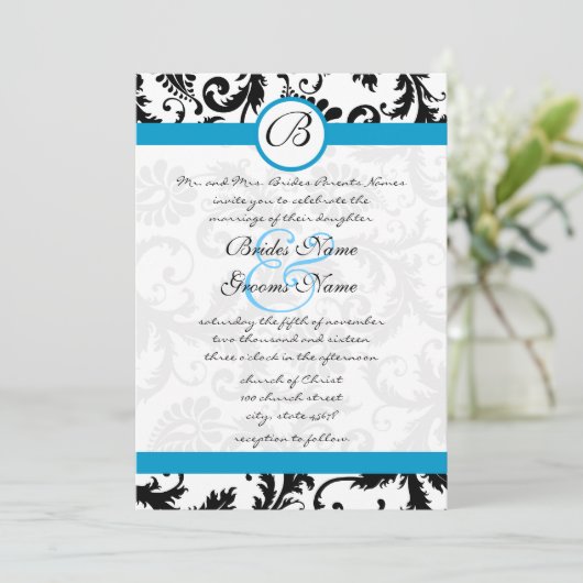 ブライトアクアダマスクスワーズ結婚式招待状5 x 7 招待状 (スタンド正面)