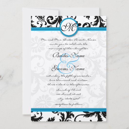 ブライトアクアダマスクスワーズ結婚式招待状5 x 7 招待状 (正面)