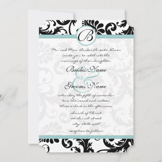 ブライトアクアダマスクスワーズ結婚式招待状5 x 7 招待状 (正面)