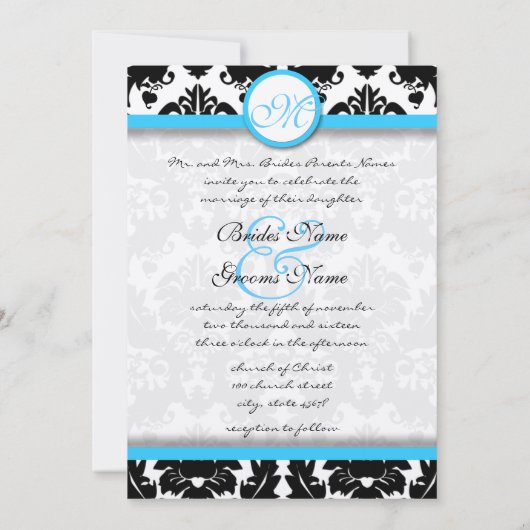 ブライトアクアダマスクハートスワーズ結婚式招待状 招待状 (裏面)