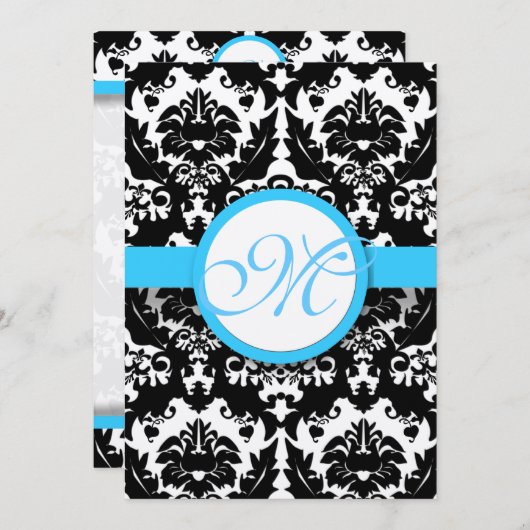 ブライトアクアダマスクハートスワーズ結婚式招待状 招待状 (正面/裏面)