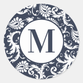 ブライトアクアダマスクモノグラム結婚式用シール ラウンドシール