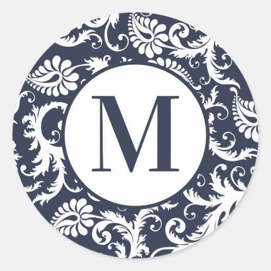 ブライトアクアダマスクモノグラム結婚式用シール ラウンドシール (正面)