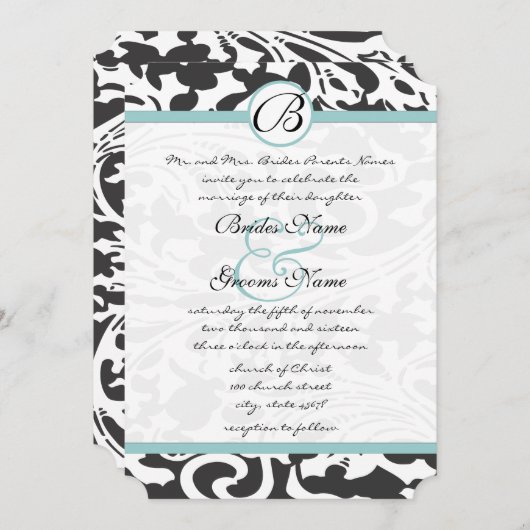 ブライトアクアダマスクリーフスワーズ結婚式招待状 招待状 (正面/裏面)