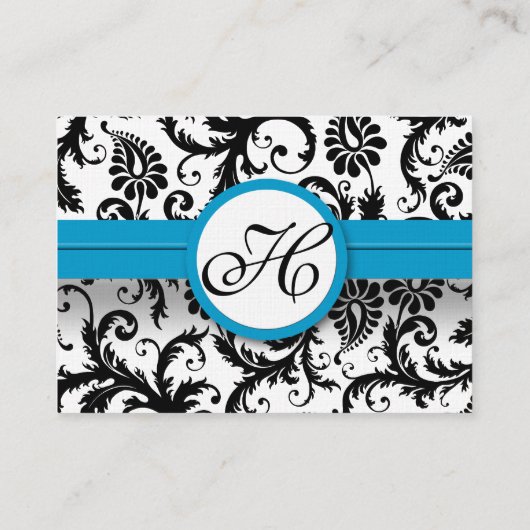 ブライトアクアトリム付き白黒ダマスクフローラ 名刺 (裏面)