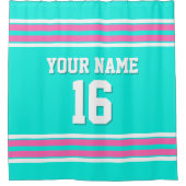 ブライトアクアホットピンクホワイトストライプスポーツジャージー シャワーカーテン (正面)