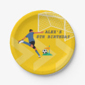 ブライトイエローおもしろいサッカー選手ゴール誕生日 ペーパープレート (正面)