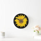 ブライトイエローサンフラワーオンブラックフローラ ラウンド壁時計 (ホーム)