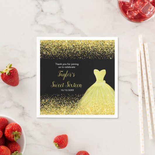 ブライトイエロードレスフェイクグリッタースウィート16誕生日 スタンダードカクテルナプキン (インサイチュ)