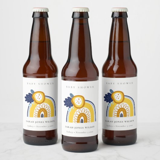 ブライトイエローネイビーフローラレインボーベビーシャワー ビールラベル (ボトル)