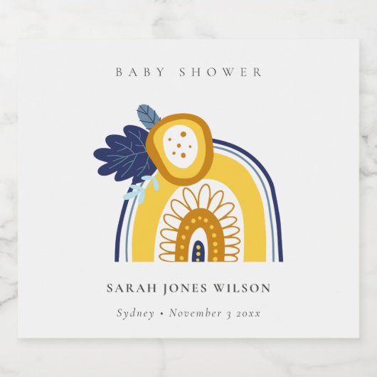 ブライトイエローネイビーフローラレインボーベビーシャワー ビールラベル (シングルラベル)