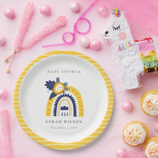 ブライトイエローネイビーフローラレインボーベビーシャワー ペーパープレート (パーティー)