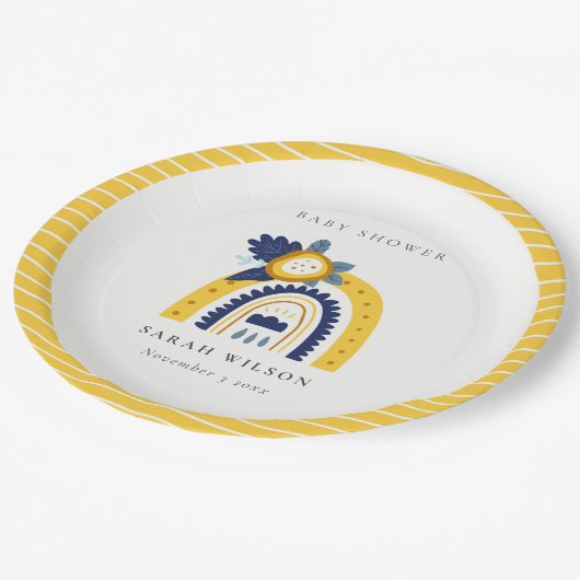 ブライトイエローネイビーフローラレインボーベビーシャワー ペーパープレート (アングル)