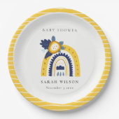 ブライトイエローネイビーフローラレインボーベビーシャワー ペーパープレート (正面)