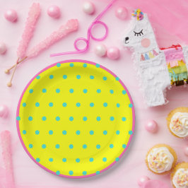 ブライトイエローピンクブルー水玉模様 ペーパープレート