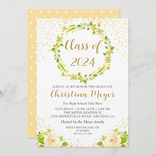 ブライトイエローフローラガーデン卒業パーティー 招待状 (正面/裏面)