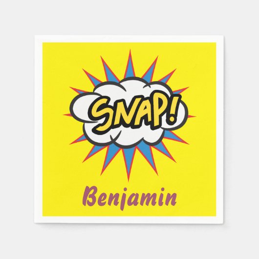 ブライトイエロー漫画ブックおもしろいスナップ スタンダードカクテルナプキン (正面)