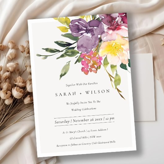 ブライトイエロー赤面ブルゴーニュフローラ結婚式の招待 サンキューカード