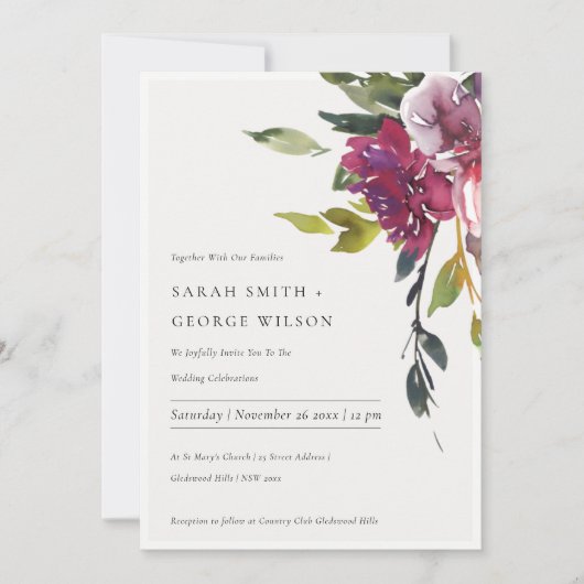 ブライトイエロー赤面ブルゴーニュフローラ結婚式の招待 サンキューカード (正面)