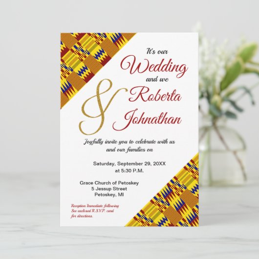 ブライトイエロー金ゴールドブルガンディーアフリカンケンテK29 招待状 (スタンド正面)