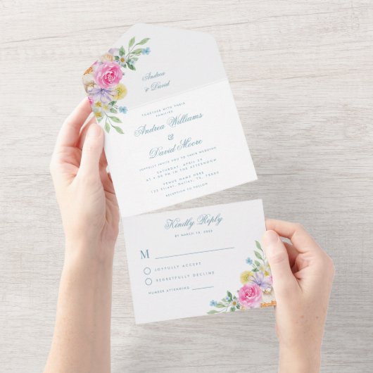 ブライトウォーターカラーガーデンフローラサマー結婚ズ オールインワン招待状 (貼ってはがせる)