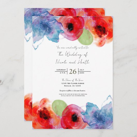 ブライトウォーターカラーフローラ春の結婚式シック 招待状 (正面/裏面)