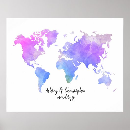 ブライトウォーターカラー結婚ワールドマップゲストブックアート ポスター (正面)